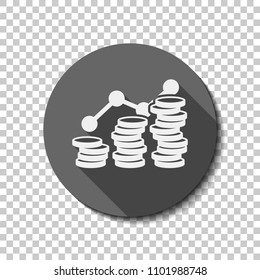 Coins stack, finance grow. flat icon, long shadow, circle, transparent grid. Badge or sticker style