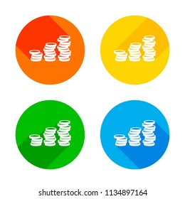 Coins stack, finance grow. Flat white icon on colored circles background. Four different long shadows in each corners