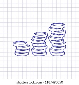 Coins stack, finance grow. Hand drawn picture on paper sheet. Blue ink, outline sketch style. Doodle on checkered background