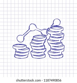 Coins stack, finance grow. Hand drawn picture on paper sheet. Blue ink, outline sketch style. Doodle on checkered background