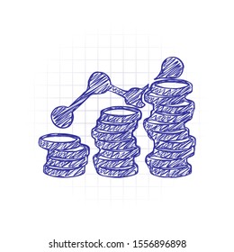 Coins stack, finance grow. Hand drawn sketched picture with scribble fill. Blue ink. Doodle on white background