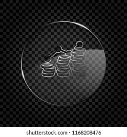Coins stack, finance grow. Icon in circle glass bubble on dark transparent grid. Glass style