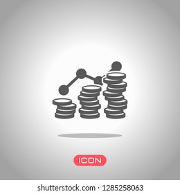 Coins stack, finance grow. Icon under spotlight. Gray background