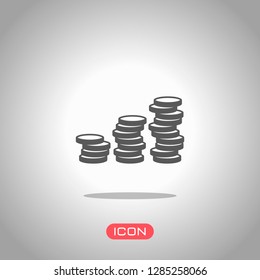 Coins stack, finance grow. Icon under spotlight. Gray background