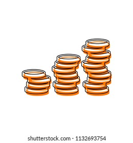 Coins stack, finance grow. Isolated icon consisting of black thin contour and orange moved filling on different layers. White background