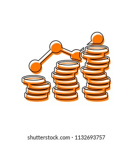 Coins stack, finance grow. Isolated icon consisting of black thin contour and orange moved filling on different layers. White background