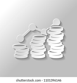 Coins stack, finance grow. Paper style with shadow on gray background
