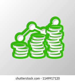 Coins stack, finance grow. Paper style. Cut symbol with green bold contour on shape and simple shadow