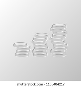 Coins stack, finance grow. Paper design. Cutted symbol. Pitted style