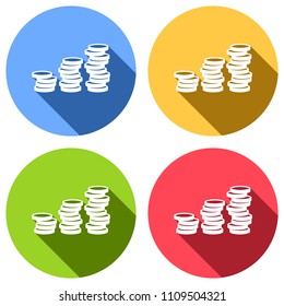 Coins stack, finance grow. Set of white icons with long shadow on blue, orange, green and red colored circles. Sticker style
