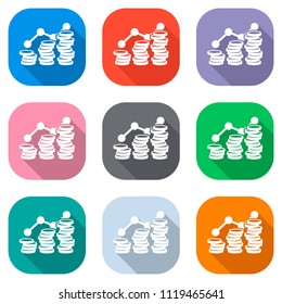 Coins stack, finance grow. Set of white icons on colored squares for applications. Seamless and pattern for poster