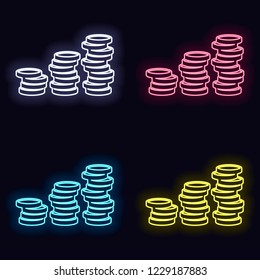 Coins stack, finance grow. Set of neon sign. Casino style on dark background.