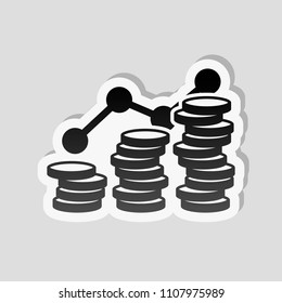 Coins stack, finance grow. Sticker style with white border and simple shadow on gray background