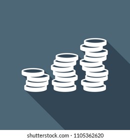 Coins stack, finance grow. White flat icon with long shadow on background