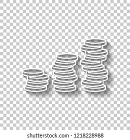 Coins stack, finance grow. White outline sign with shadow on transparent background