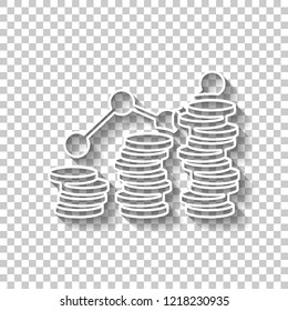 Coins stack, finance grow. White outline sign with shadow on transparent background