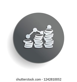 Coins stack, finance grow. White paper symbol on gray round button or badge with shadow