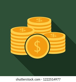 Coins stack flat icon on green background