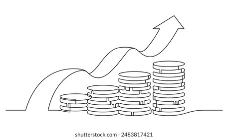 coins stack with flow and high up arrows savings and achievement concept continuous one line drawing. financial planning and retirement metaphor vector illustration