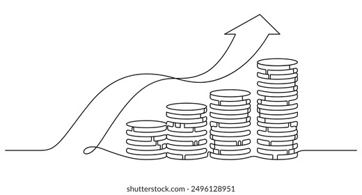 coins stack with flowing growth chart arrows wealth saving and investment concept continuous one line vector illustration