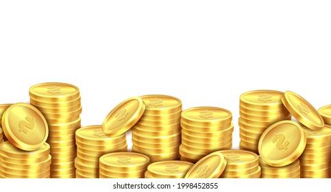 Coins stack gold. Golden coin money pile realistic backdrop, stacked dollar lots, cash profits, gambling game jackpot casino market banner. Square luxury frame vector 3d isolated illustration