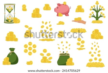 Coins. Stack of gold coins. Golden coin pile, money stacks and golds piles. Falling coins, falling money, flying gold coins.