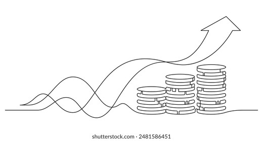 coins stack with growing chart arrows wealth saving and investment concept continuous one line vector illustration