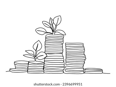 Coins stack with growing plant, one line drawing vector illustration.