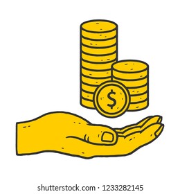 Coins Stack in Hand. Coins Stack Icons. Coins Stack in hand icon on white background isolated. Stock Vector Illustration. Cartoon style.