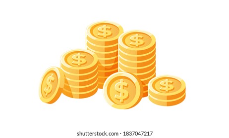 Coins stack. Heap of shining golden coins. Money, finance, business icon. Flat style vector illustration. Signs and symbols. Modern simple cartoon style. Colorful background.