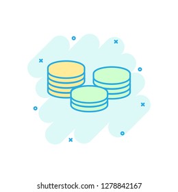 Coins stack icon in comic style. Coin cash vector cartoon illustration pictogram. Money stacked business concept splash effect.