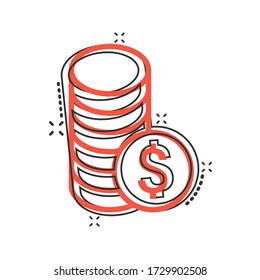 Coins stack icon in comic style. Dollar coin cartoon vector illustration on white isolated background. Money stacked splash effect business concept.