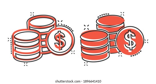 Coins stack icon in comic style. Dollar coin cartoon vector illustration on white isolated background. Money stacked splash effect business concept.