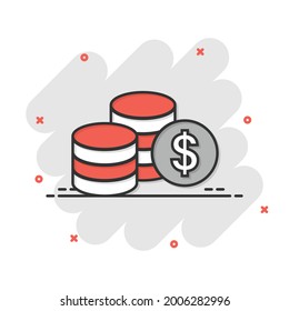 Coins stack icon in comic style. Dollar coin cartoon vector illustration on white isolated background. Money stacked splash effect business concept.