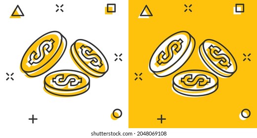 Coins stack icon in comic style. Dollar coin cartoon vector illustration on white isolated background. Money stacked splash effect business concept.