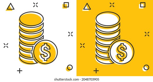 Icono de pila de monedas en estilo cómic. Dibujo vectorial de la moneda del dólar sobre fondo blanco aislado. El concepto de negocio del efecto salpicadura apilado de dinero.