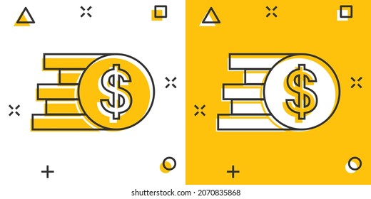 Coins stack icon in comic style. Dollar coin cartoon vector illustration on white isolated background. Money stacked splash effect business concept.