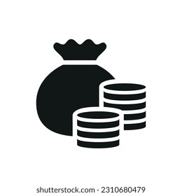 Coins stack icon with dollar symbol. Moneybag, fund pay, Financial and Business concept. black and white coins pile silhouette icon. 