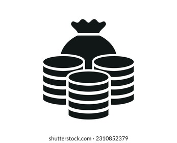 Coins stack icon with dollar symbol. Moneybag, fund pay, Financial and Business concept. black and white coins pile silhouette icon.