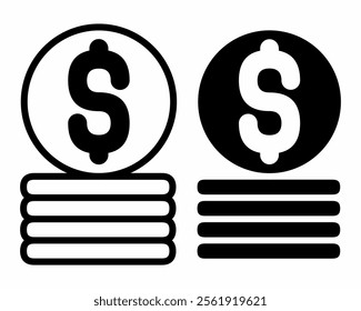 Coins stack icon with dollar symbol. Money pay, Financial and Business concept. black and white coins pile icon.