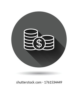 Coins stack icon in flat style. Dollar coin vector illustration on black round background with long shadow effect. Money stacked circle button business concept.