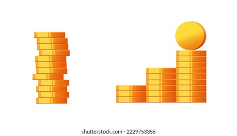 Coins stack icon vector, metal money cash pile heap as growth graph golden isolated clipart graphic, penny cents tower chart isolated on white background