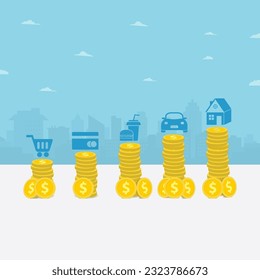 Las monedas se apilan con iconos. Ilustración vectorial del concepto de gestión de puestos financieros