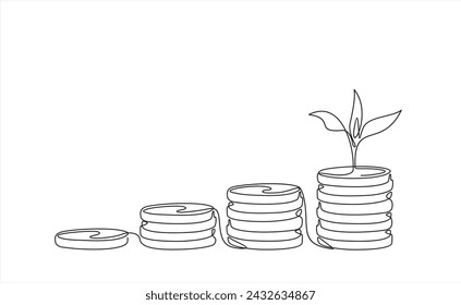 Coins stack with leaves branch continuous one line drawing. Business investing concept. Vector illustration isolated on white.