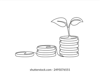 Coins stack with leaves branch continuous one line drawing. Business investing concept. Vector illustration isolated on white.