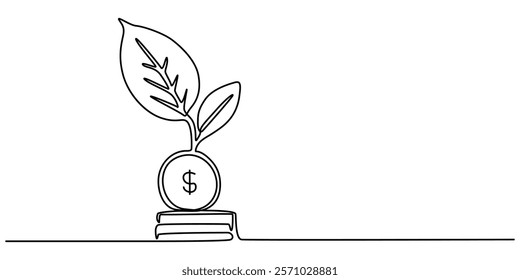 Coins stack with leaves branch continuous one line drawing. Business investing concept. Vector illustration isolated on white, Money Tree Continuous Line Icon, growing money vector design. Single line