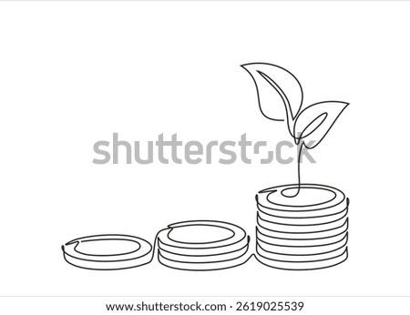 Coins stack with leaves branch continuous one line drawing. Business investing concept. Vector illustration isolated on white.	Editable stroke