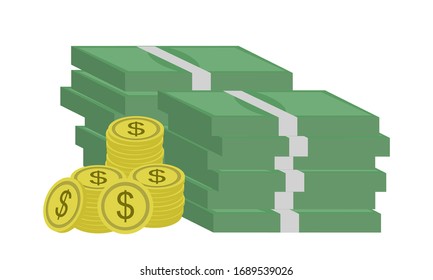 Coins and a stack of money isolated on white background. Flat vector illustration
