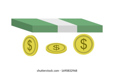 Coins and a stack of money isolated on white background. Flat vector illustration