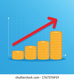 Coins stack moving up meaning growth and increase money value. Vector illustration